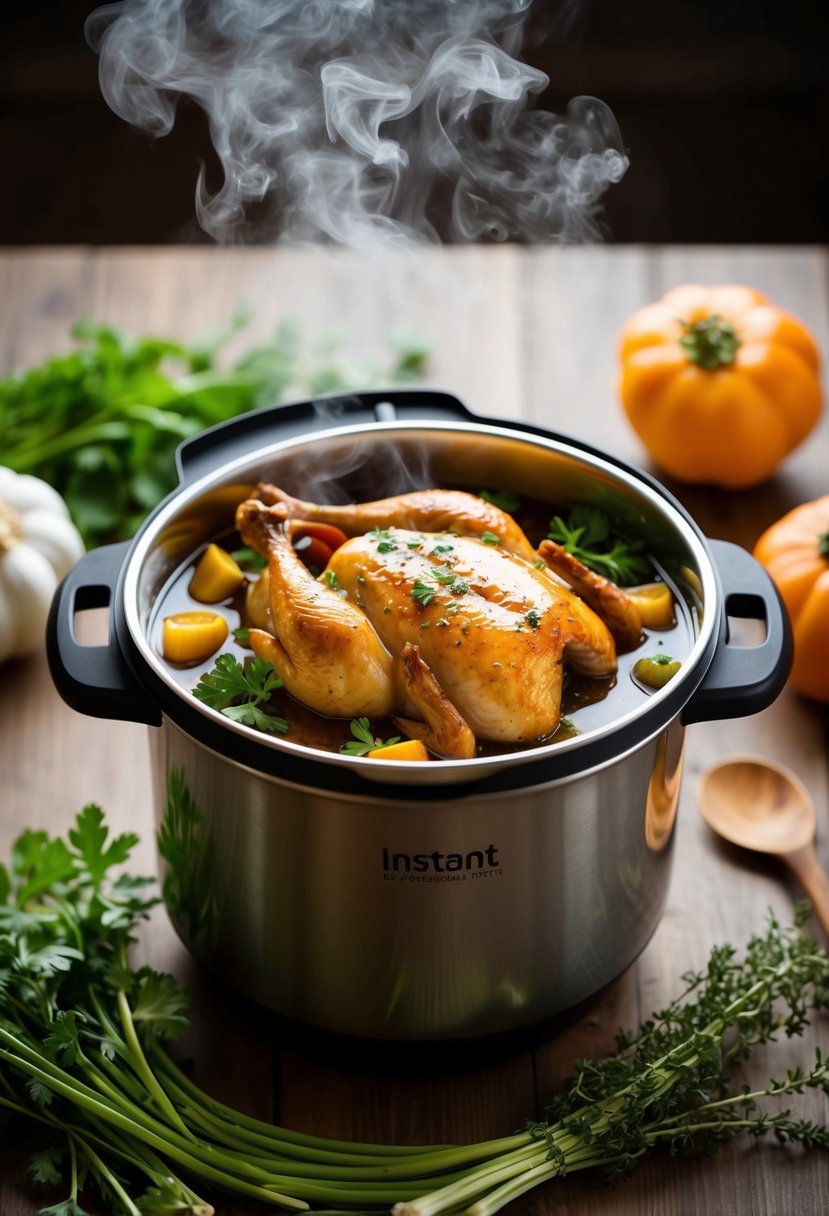 A steaming Instant Pot filled with honey garlic chicken surrounded by fresh herbs and vegetables