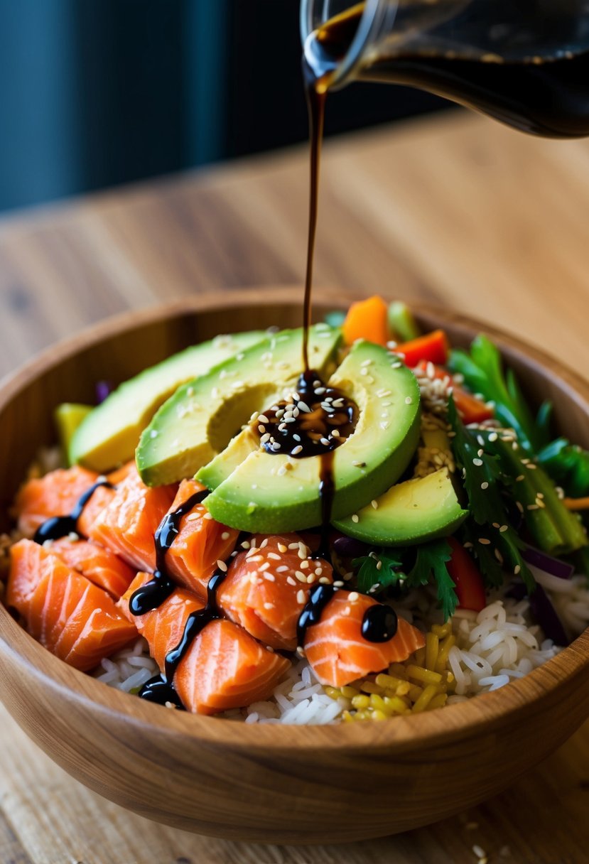 A wooden bowl filled with colorful layers of spicy salmon, rice, avocado, and vegetables, garnished with sesame seeds and drizzled with soy sauce