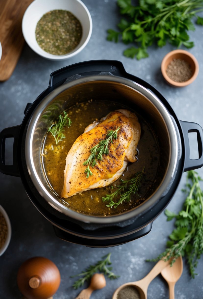 A sizzling chicken breast cooks in an Instant Pot, surrounded by aromatic herbs and spices