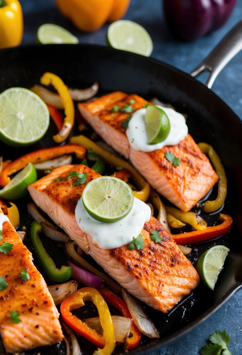 A sizzling skillet of salmon fajitas with colorful bell peppers and onions, topped with a squeeze of fresh lime