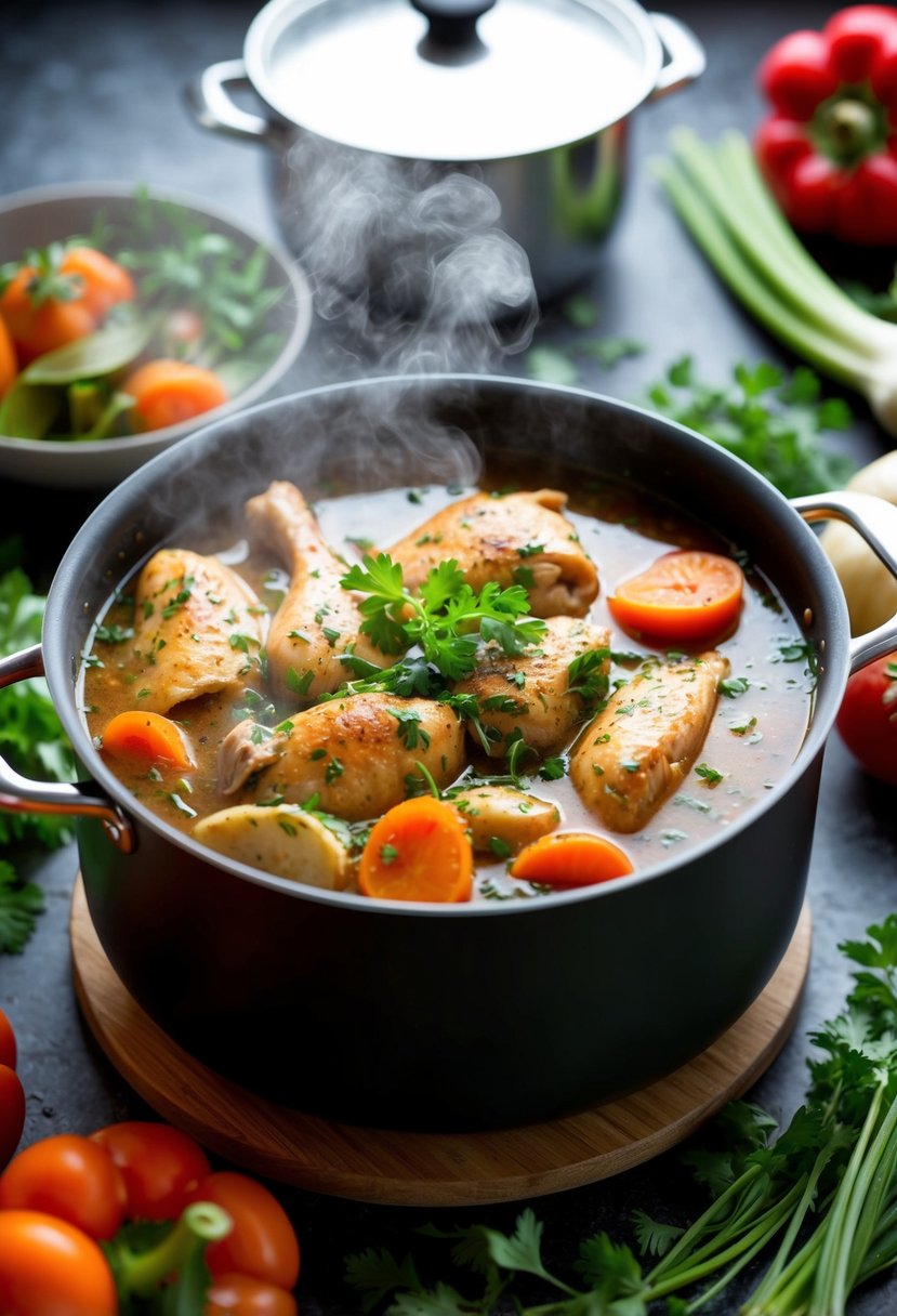 A steaming pot filled with hearty chicken stew, surrounded by fresh vegetables and herbs