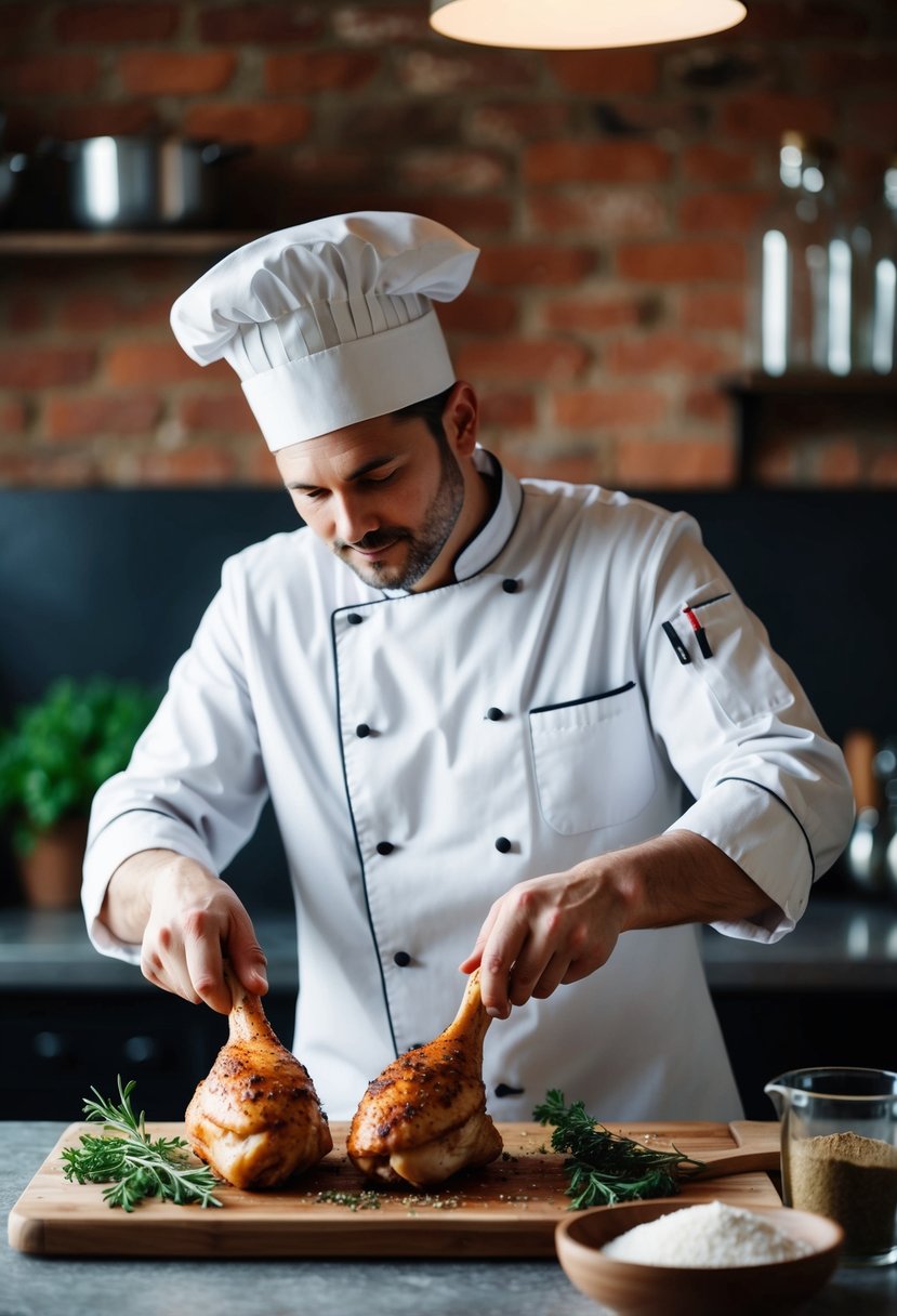 A chef preparing chicken legs with herbs and spices in a rustic kitchen