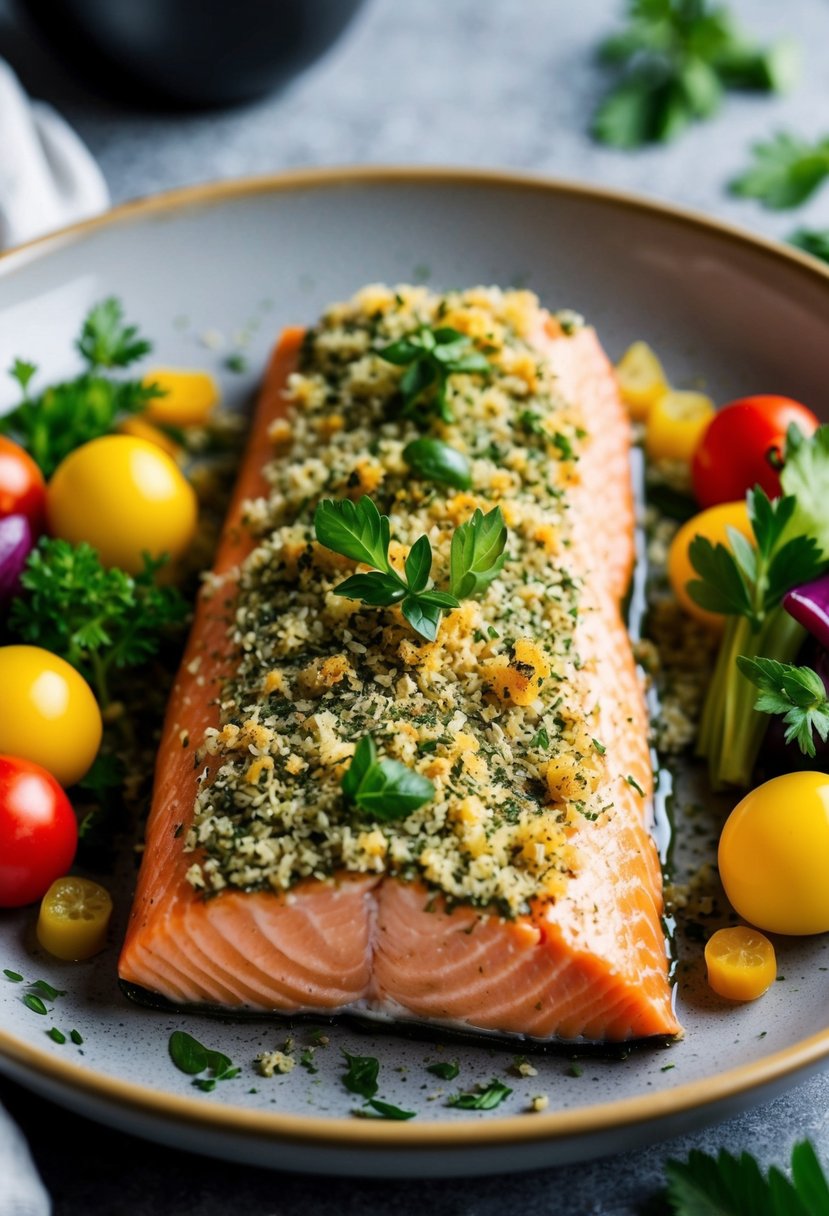 A salmon fillet coated in herb crust, surrounded by colorful vegetables and garnished with fresh herbs