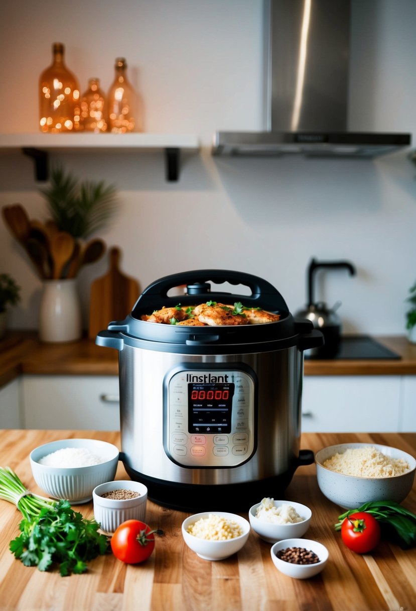 A modern kitchen with an Instant Pot surrounded by ingredients for Chicken Marbella