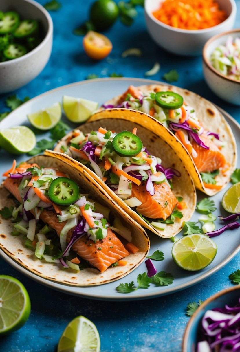 A plate of salmon tacos topped with colorful cabbage slaw, surrounded by fresh ingredients and vibrant garnishes