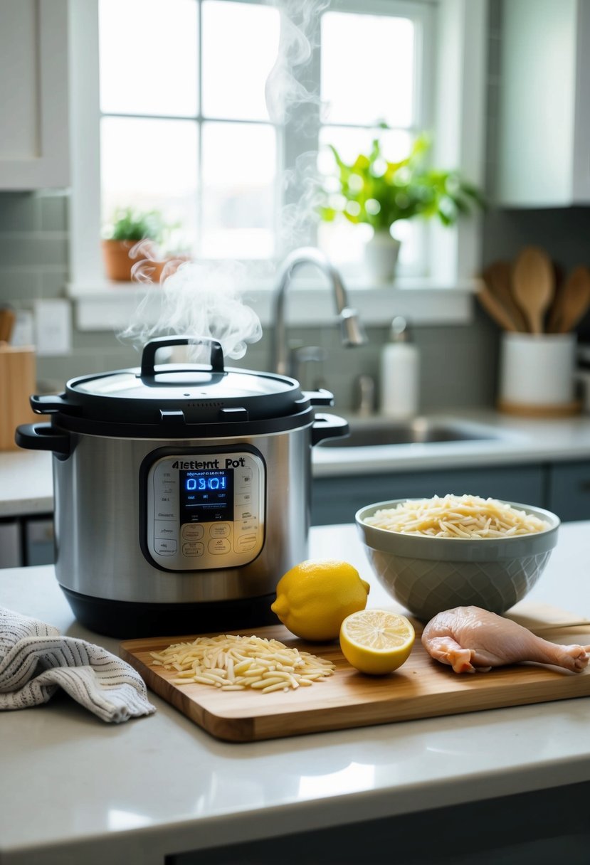 A kitchen counter with a steaming Instant Pot, a bowl of orzo, a lemon, and frozen chicken