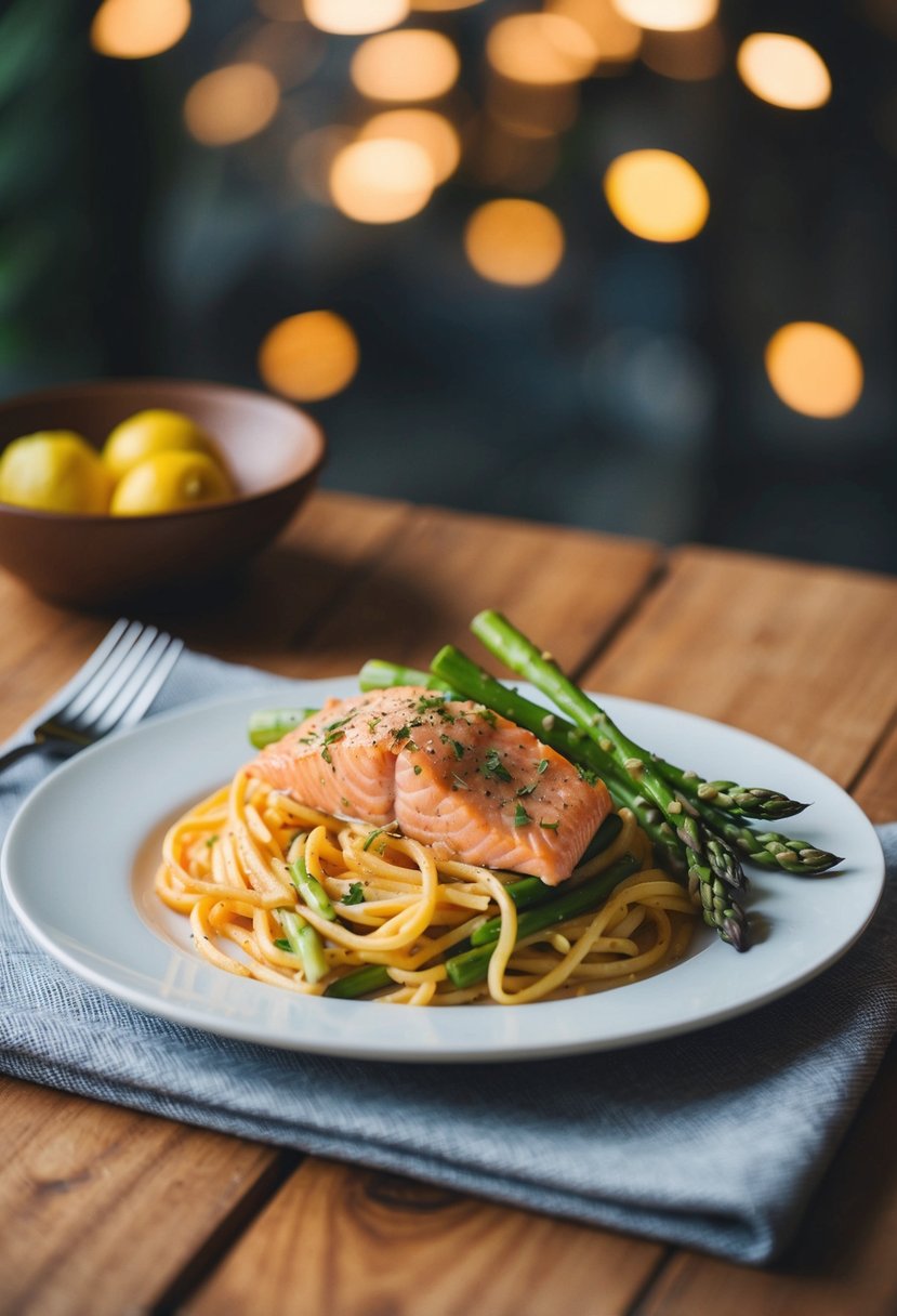 A plate of salmon pasta with asparagus on a wooden table