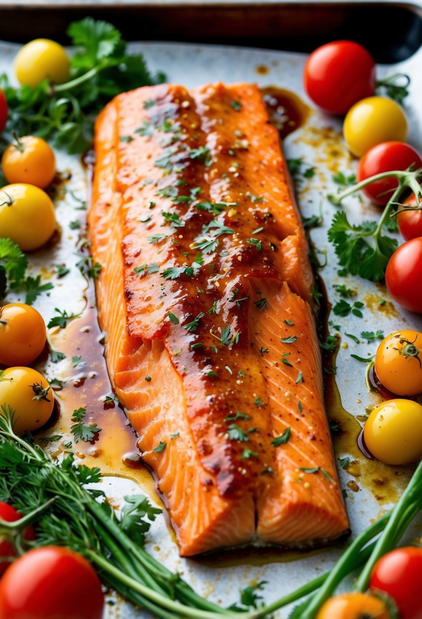 A vibrant piece of salmon baking in a honey dijon glaze, surrounded by colorful vegetables and herbs on a baking sheet