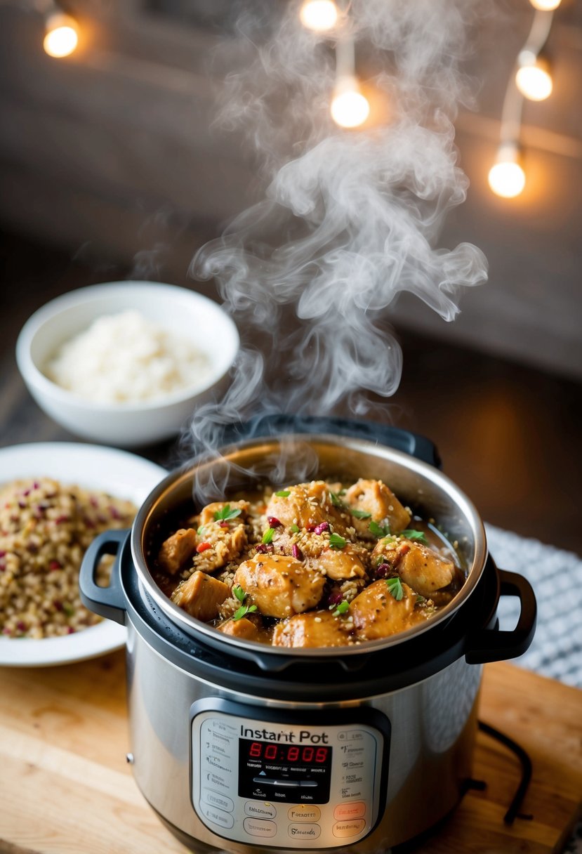 A steaming Instant Pot filled with nutty chicken and quinoa