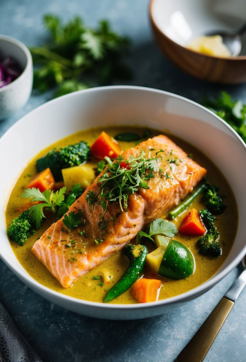 A steaming bowl of coconut curry salmon with vibrant vegetables and fragrant herbs