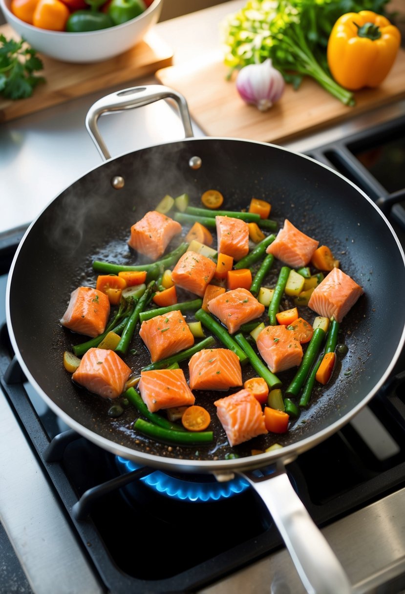 A sizzling pan with colorful vegetables and salmon pieces cooking together over a hot stove