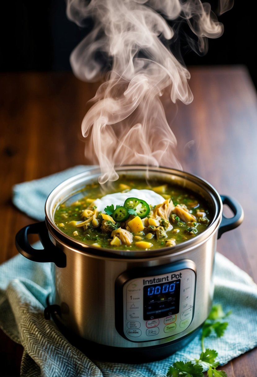 A steaming Instant Pot filled with zesty green chicken chili