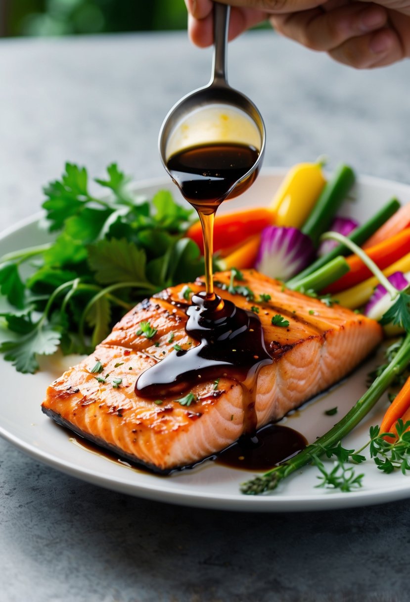 A piece of grilled salmon drizzled with maple soy sauce, surrounded by colorful vegetables and herbs on a white plate