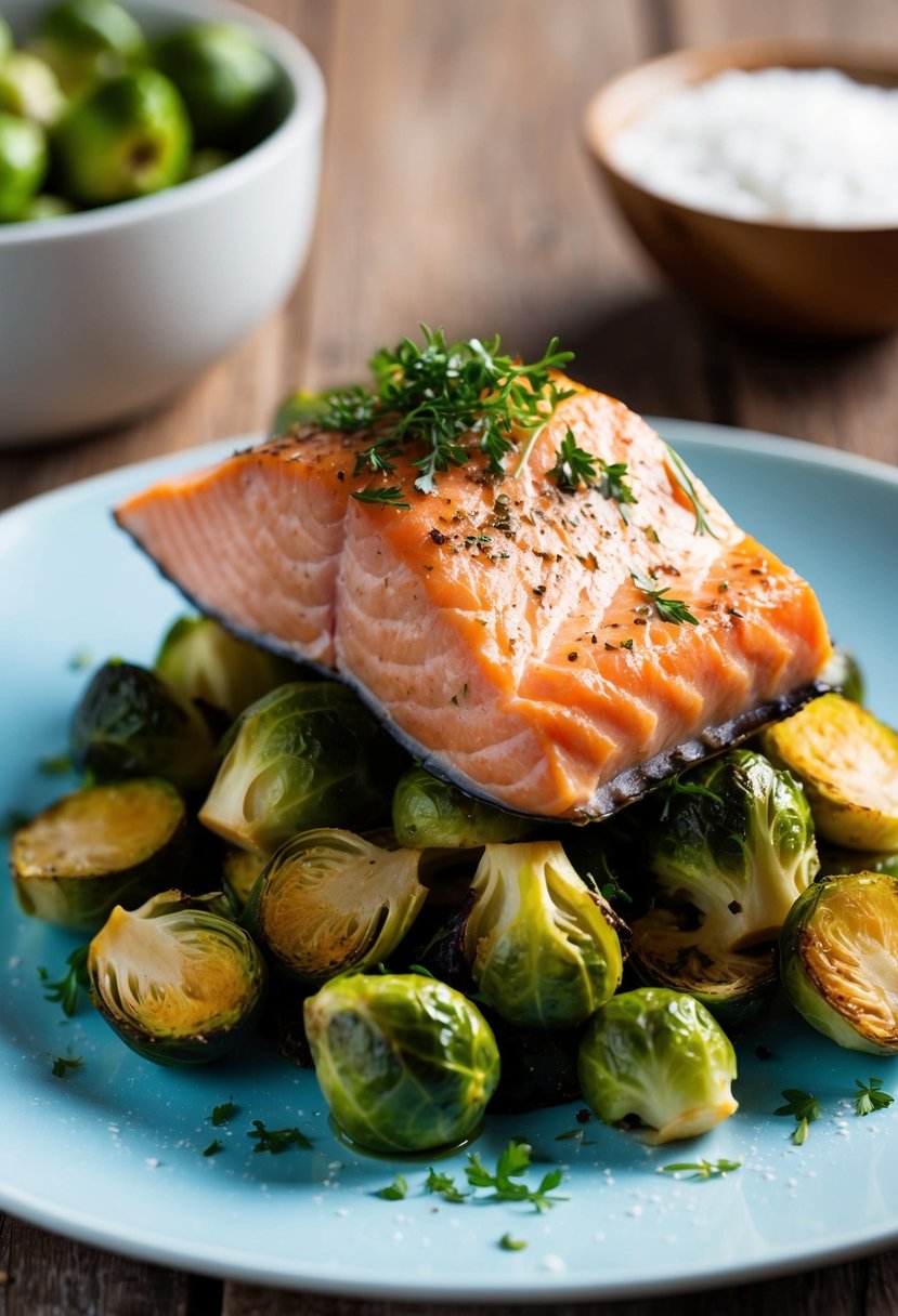 A piece of perfectly cooked salmon sits atop a bed of roasted Brussels sprouts, garnished with a sprinkle of fresh herbs