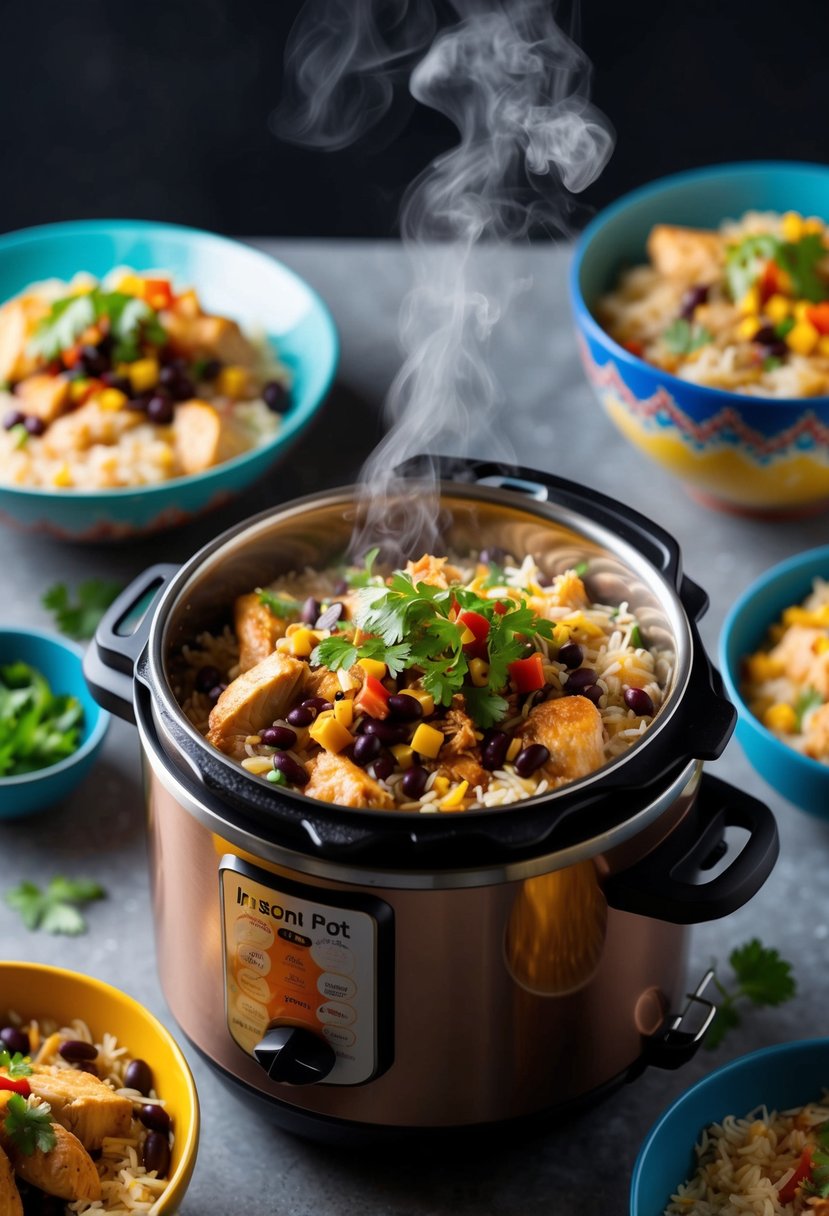 A steaming Instant Pot filled with savory chicken, rice, beans, and colorful toppings, ready to be served in vibrant bowls