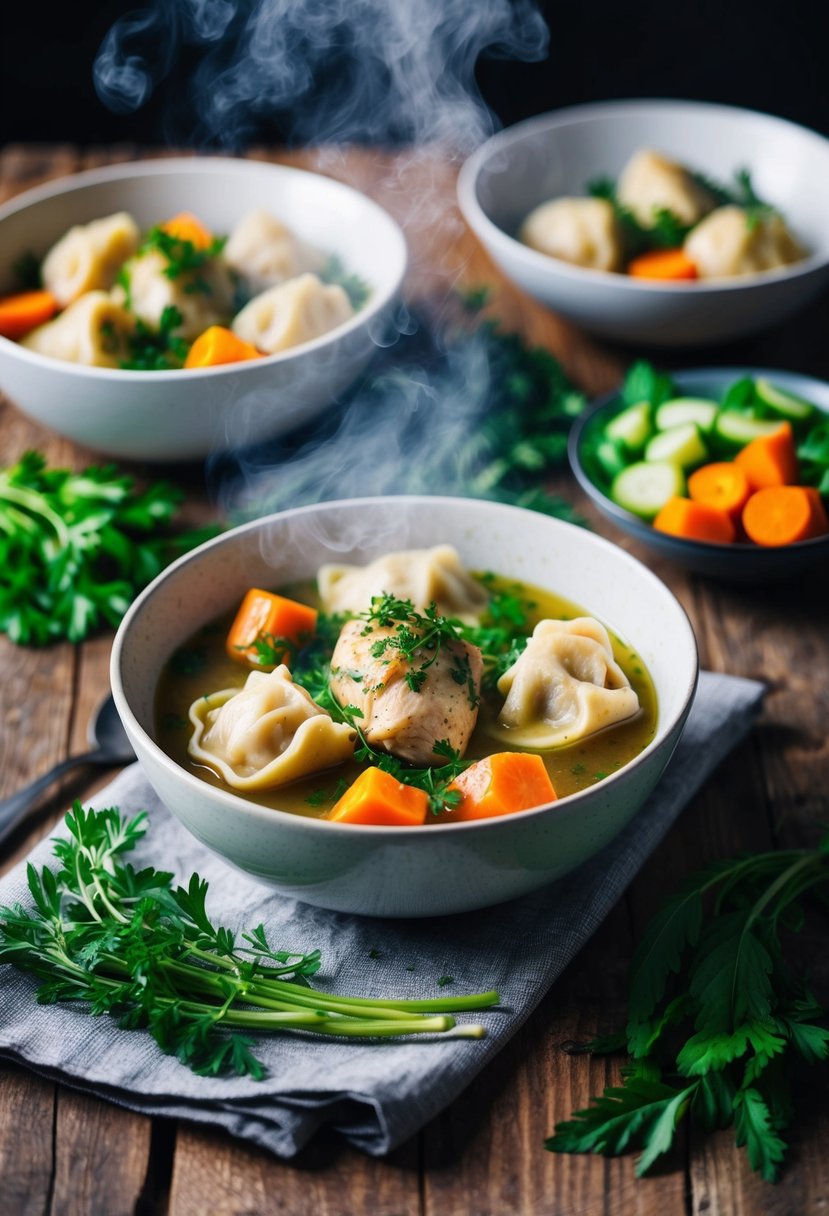 A steaming bowl of chicken and dumplings surrounded by fresh herbs and vegetables on a rustic wooden table