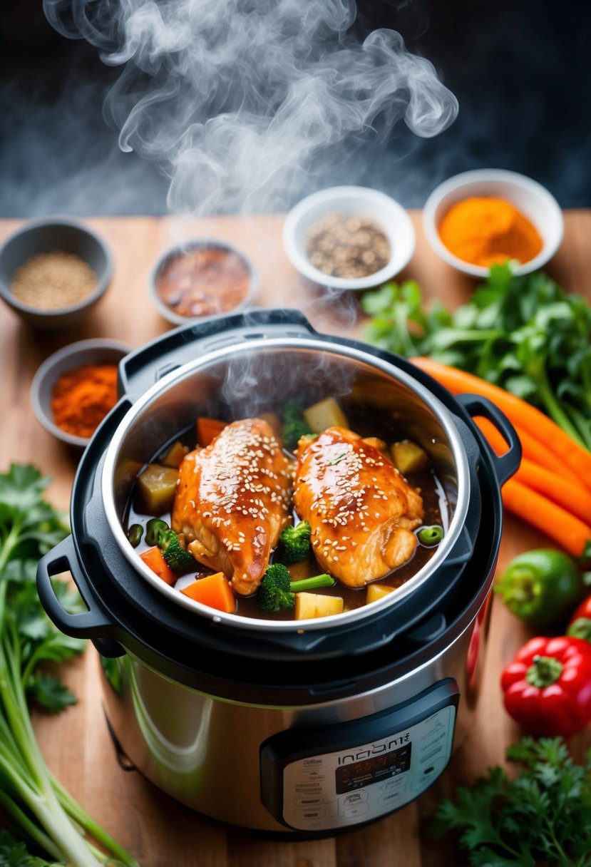 A steaming Instant Pot filled with sesame chicken, surrounded by vibrant vegetables and aromatic spices