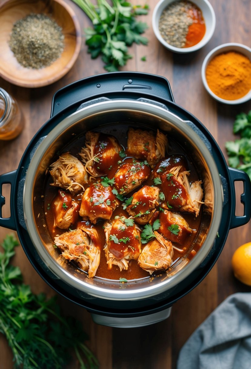 A steaming Instant Pot filled with tender pulled chicken in a rich BBQ sauce, surrounded by vibrant herbs and spices