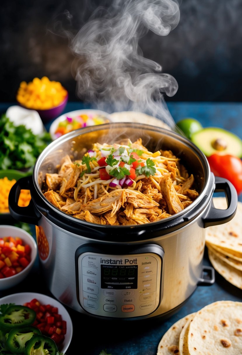 A steaming Instant Pot filled with shredded chicken, surrounded by colorful taco toppings and warm tortillas