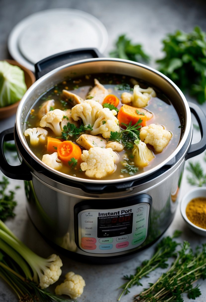 A simmering Instant Pot filled with chicken, cauliflower, and aromatic broth, surrounded by fresh herbs and spices