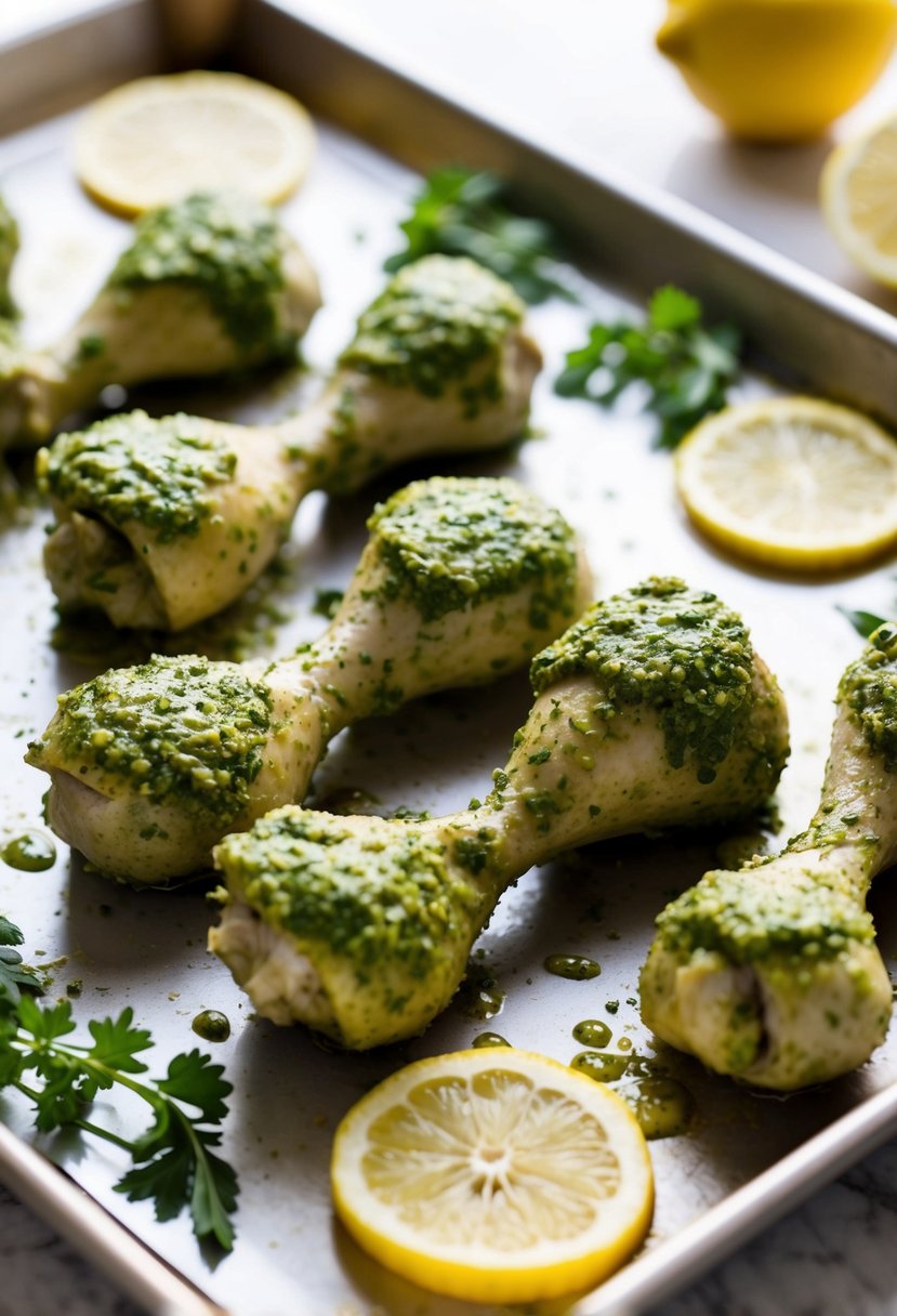 Chicken drumsticks coated in pesto, arranged on a baking sheet with herbs and lemon slices