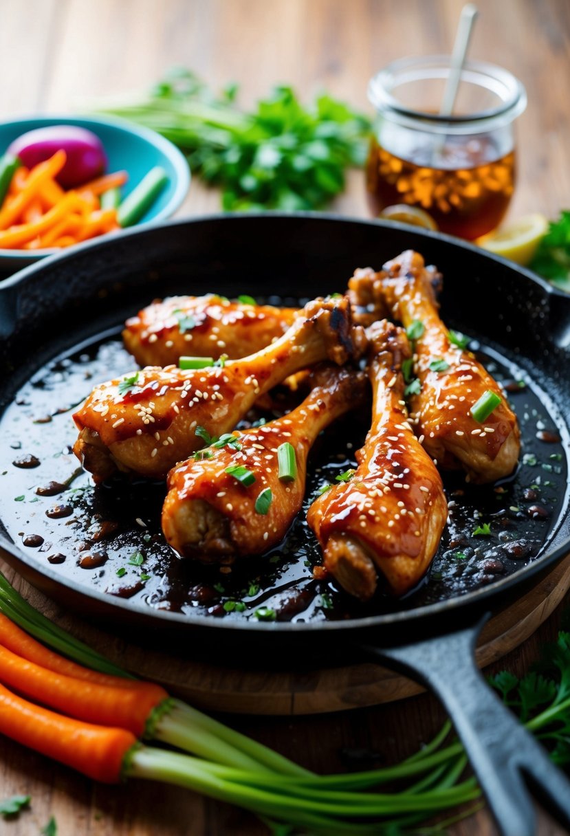 A sizzling skillet with teriyaki-glazed chicken legs, surrounded by colorful vegetables and a drizzle of sauce