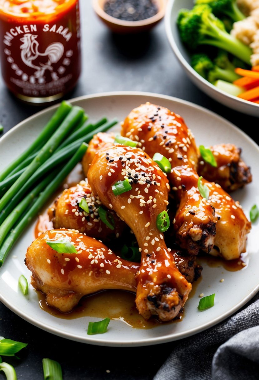 A plate of chicken legs coated in a sweet and spicy Sriracha glaze, garnished with sesame seeds and green onions, served with a side of steamed vegetables