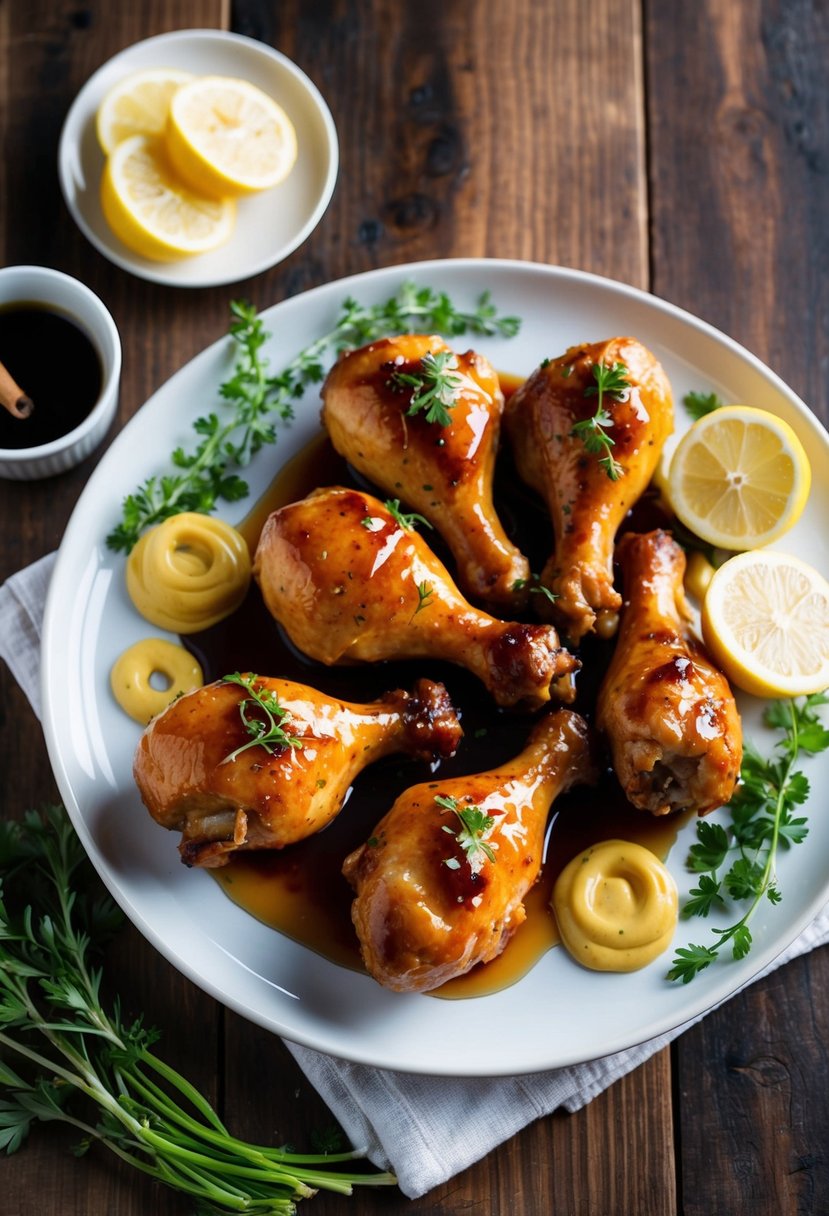 A platter of glazed chicken drumsticks surrounded by maple syrup and Dijon mustard, with fresh herbs and lemon slices for garnish