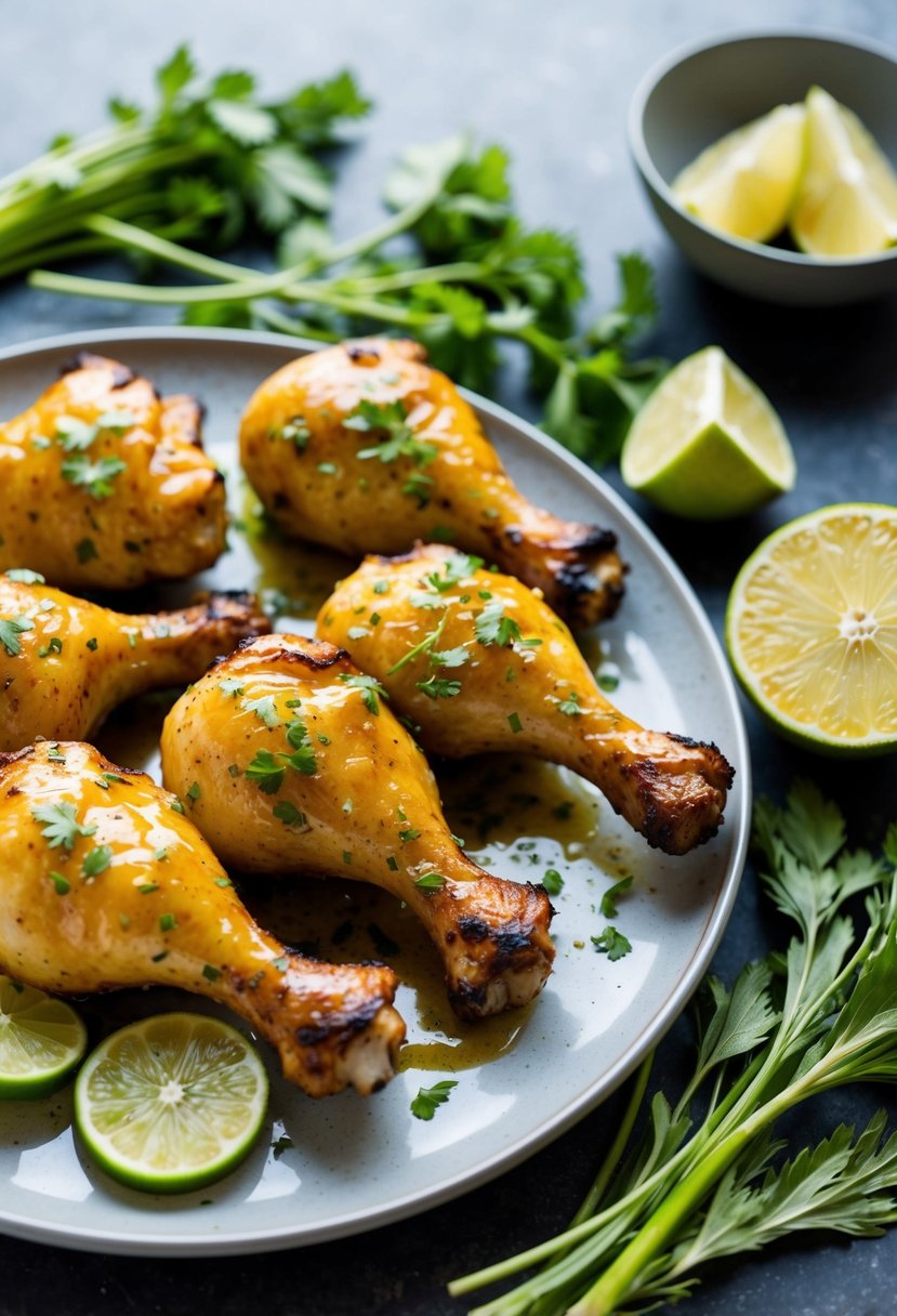 A plate of grilled chicken legs with a ginger lime glaze, surrounded by fresh herbs and citrus slices