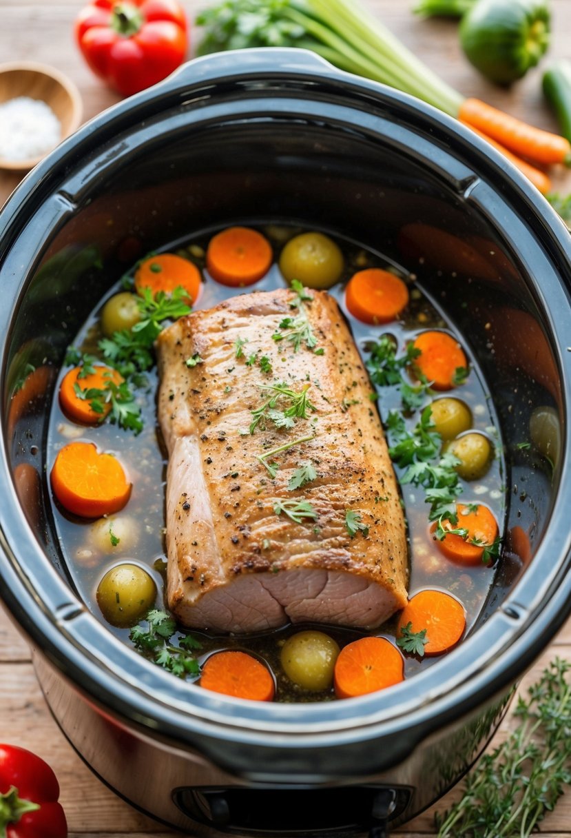 A pork loin surrounded by vegetables and herbs, simmering in a crock pot