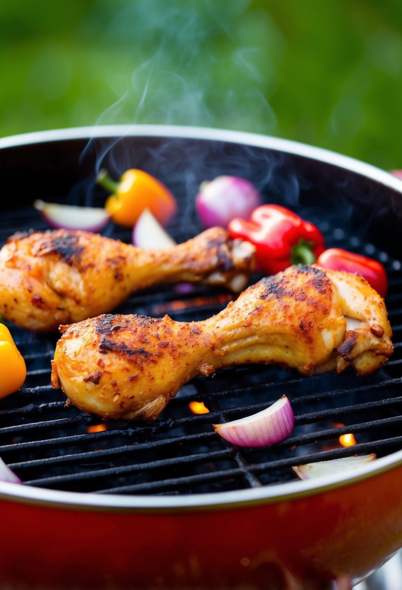 Cajun-spiced chicken legs sizzling on a hot grill, surrounded by colorful bell peppers and onions