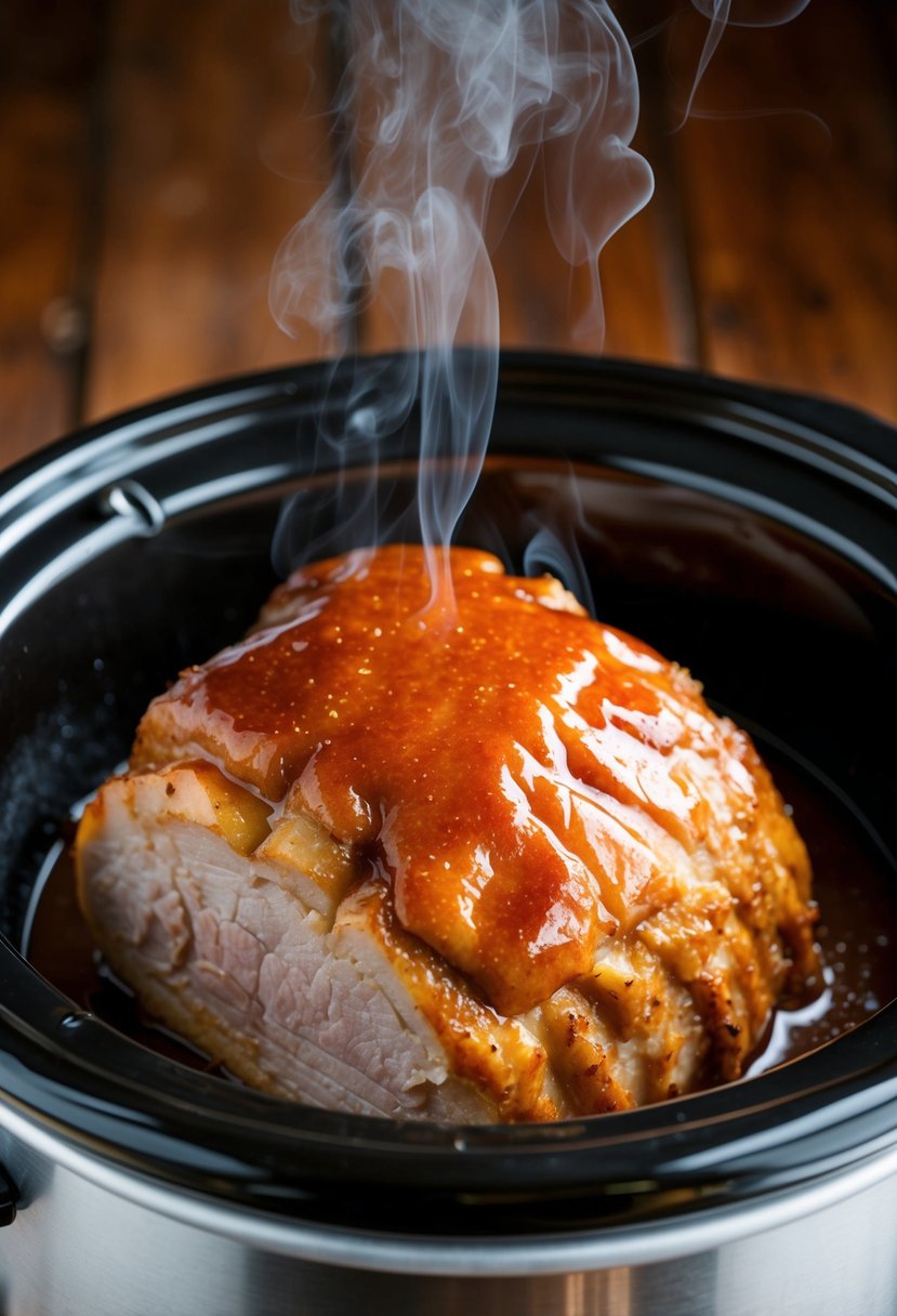 A pork loin cooking in a crock pot, covered in a glossy, maple glaze with steam rising from the surface