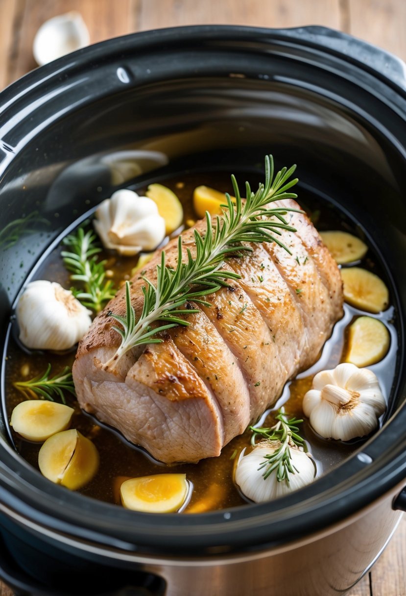 A pork loin surrounded by garlic cloves and sprigs of rosemary in a crock pot