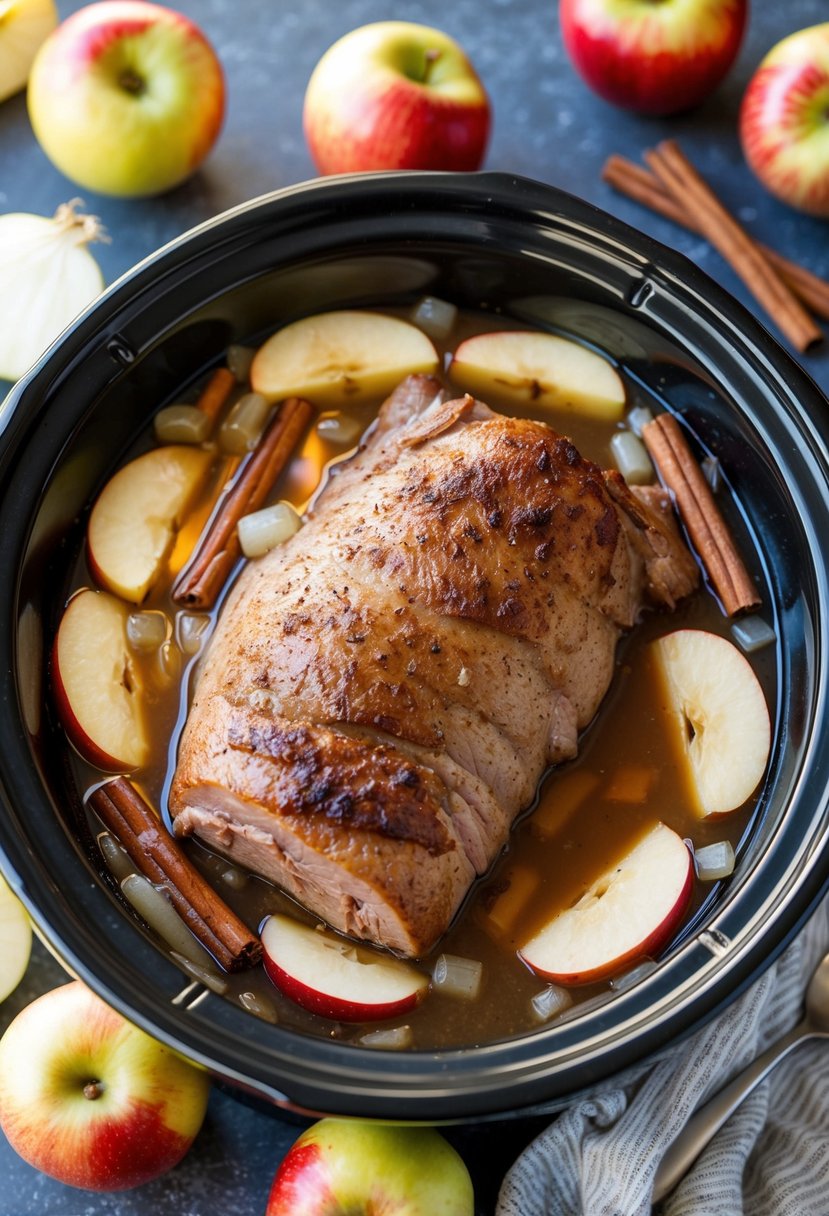 A pork loin roast simmering in a crockpot with apple cider, surrounded by sliced apples, onions, and cinnamon sticks