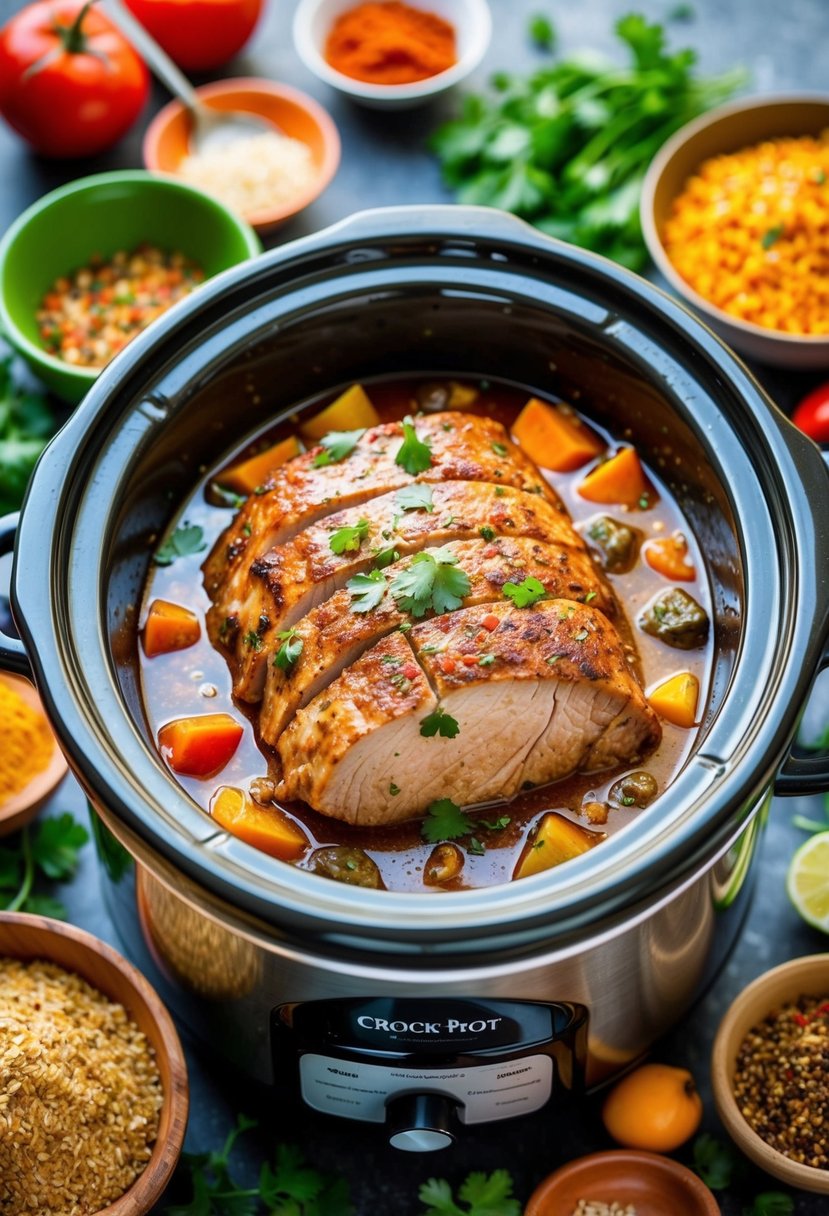 A bubbling crock pot with succulent pork loin, surrounded by vibrant Mexican spices and ingredients