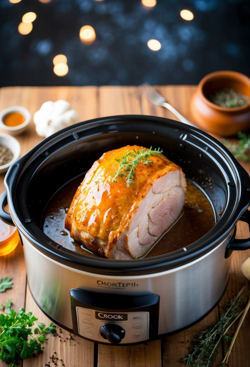 A pork loin cooking in a crock pot with honey dijon glaze, surrounded by herbs and spices