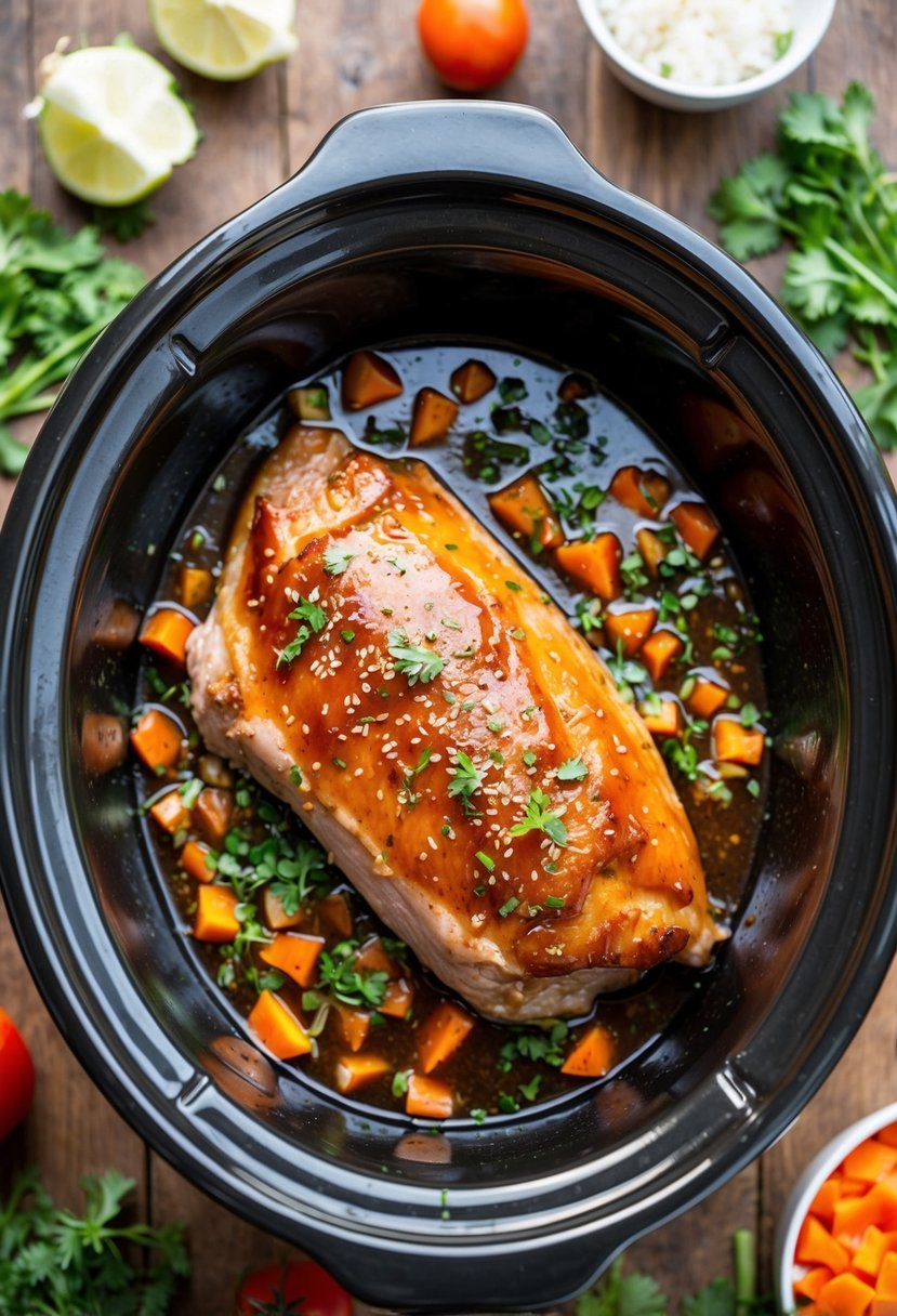 A pork loin simmering in a crock pot with teriyaki sauce, surrounded by chopped vegetables and herbs