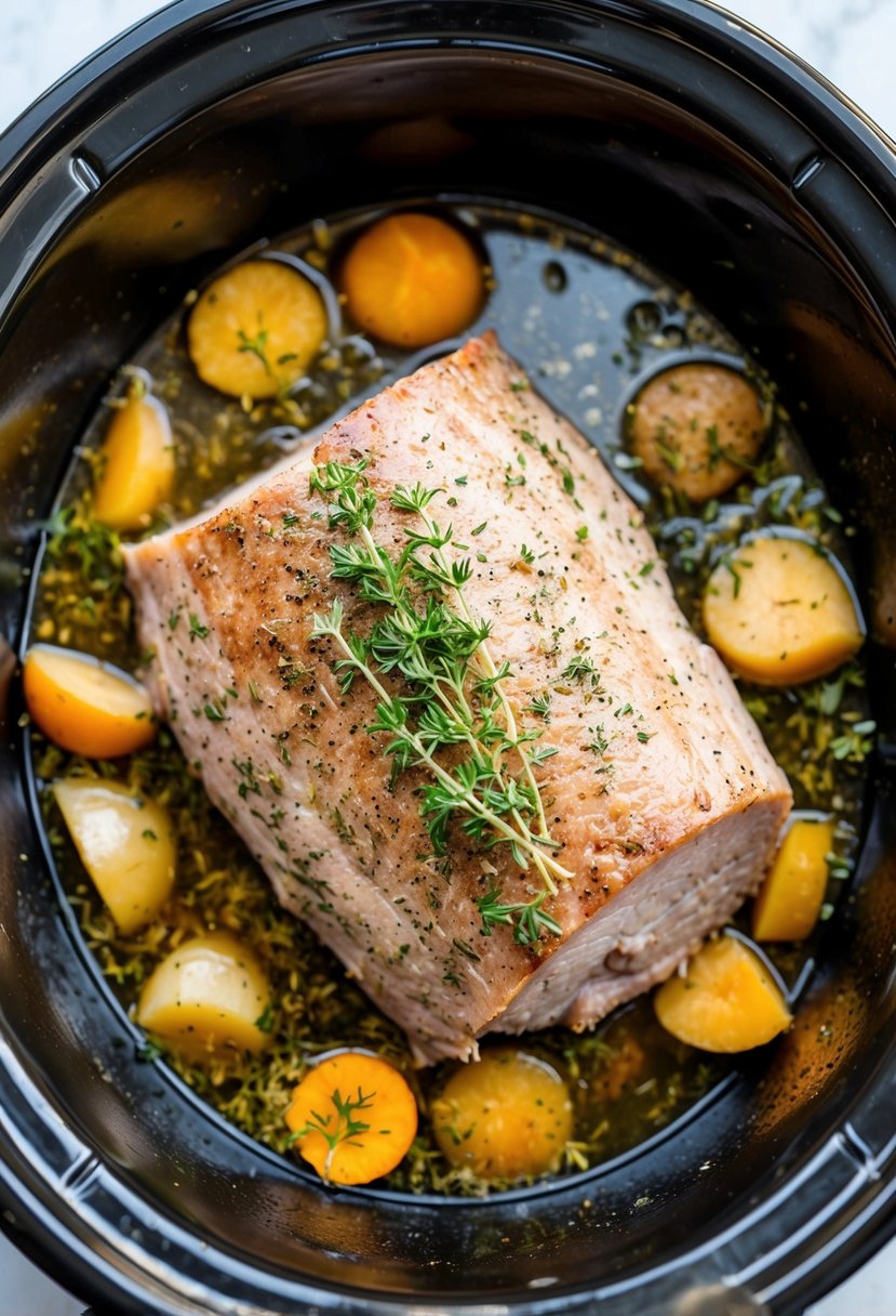 A pork loin simmers in a crock pot, surrounded by savory seasonings and aromatic herbs, as it slowly cooks to tender perfection for pulled pork