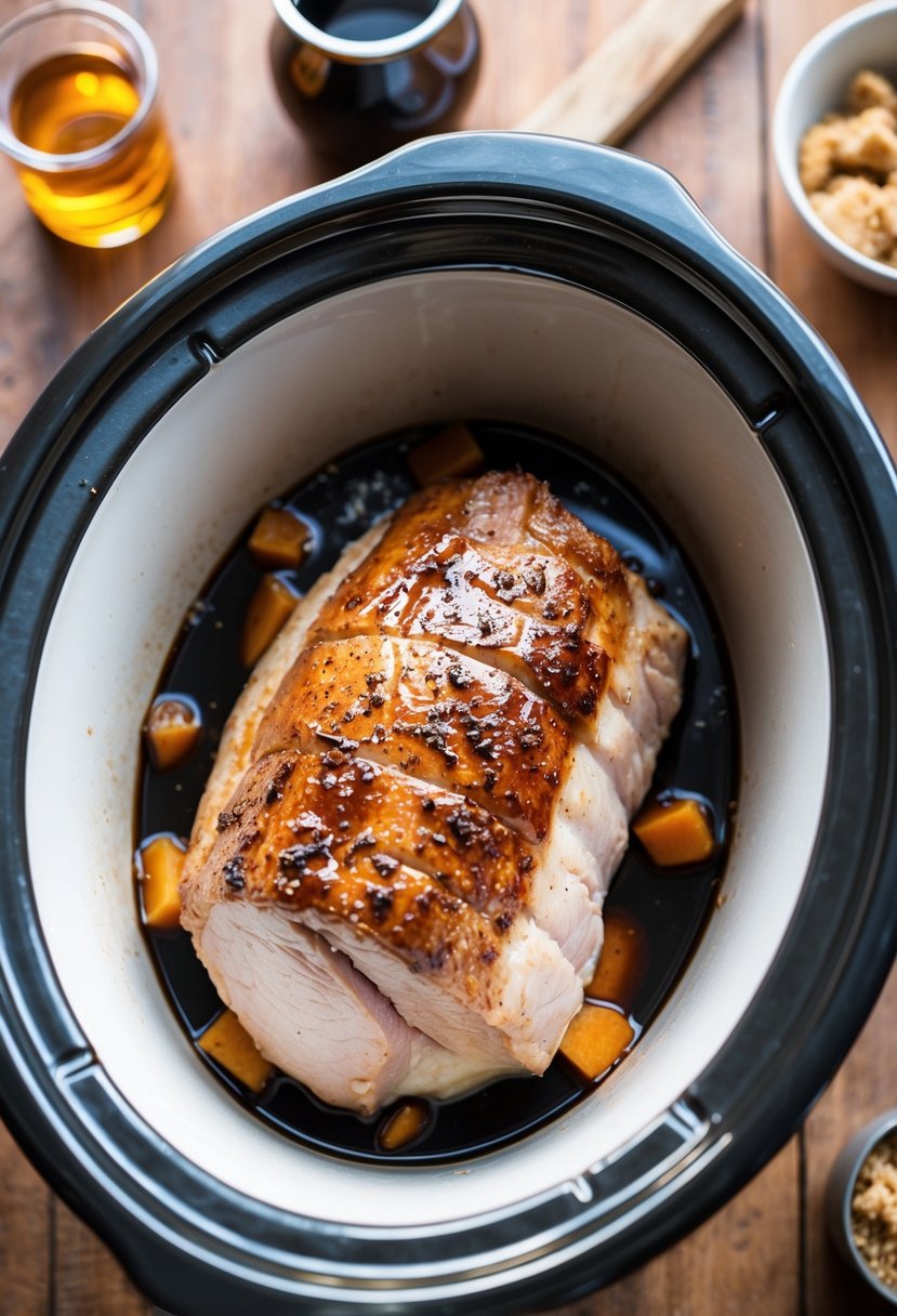 A pork loin sits in a crock pot, surrounded by balsamic vinegar and brown sugar, ready to be slow-cooked to perfection