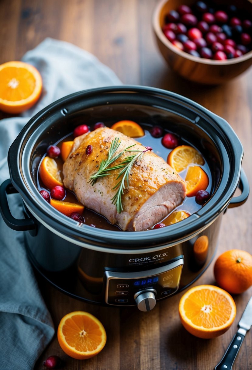 A pork loin cooking in a crock pot with cranberries and oranges