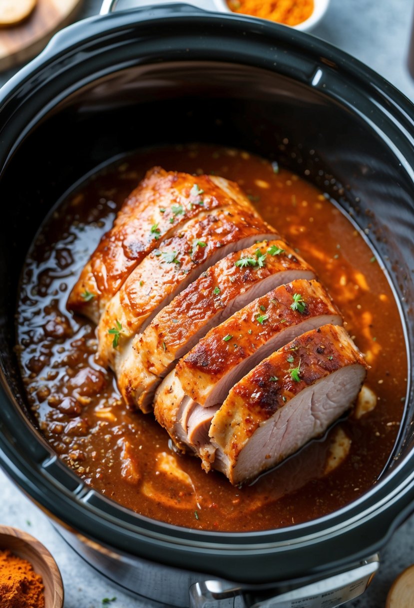 A succulent pork loin simmers in a crock pot, surrounded by the rich aroma of barbecue sauce and spices