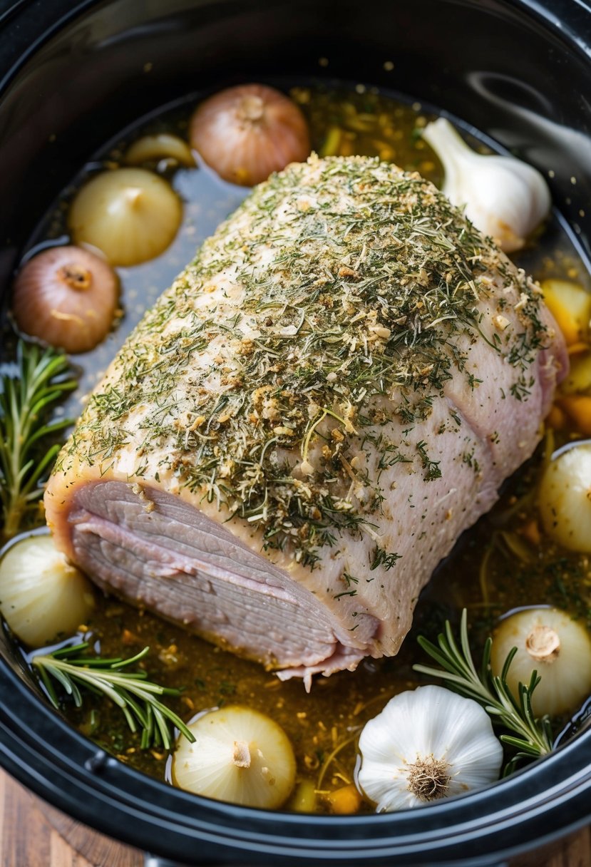 A pork loin coated in a layer of herbs and spices, sitting in a crock pot surrounded by aromatic ingredients like garlic, onions, and rosemary