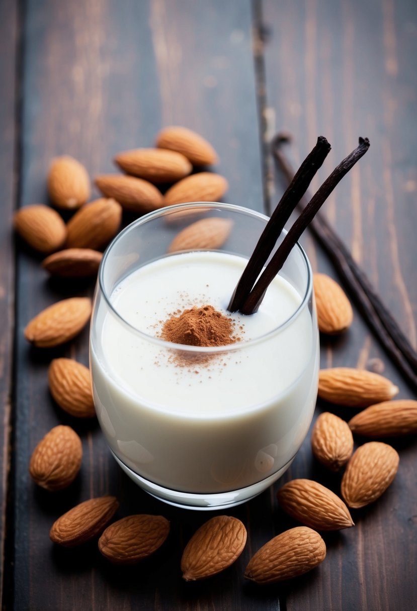 A glass of almond milk surrounded by almonds, vanilla beans, and a splash of cinnamon