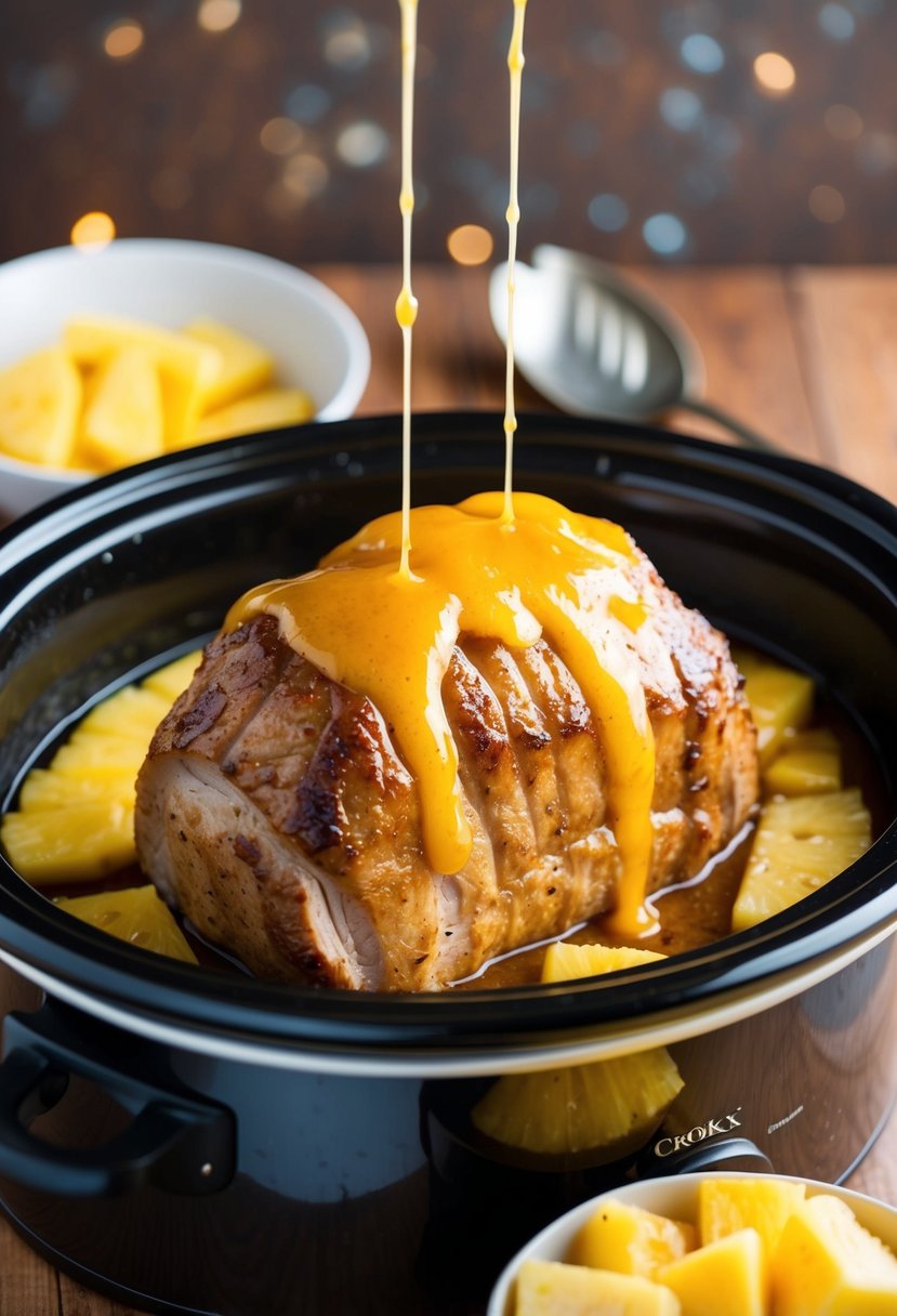 A pork loin cooking in a crock pot with pineapple glaze dripping down the sides