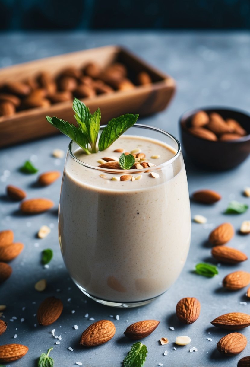 A glass filled with creamy almond milk smoothie surrounded by scattered almonds and a sprig of fresh mint