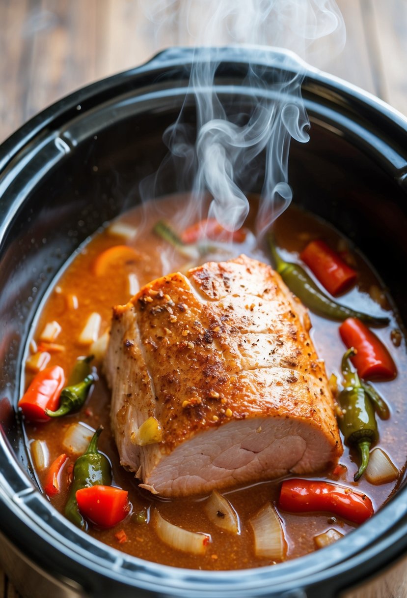 A pork loin simmering in a crock pot with chipotle peppers, onions, and spices. Steam rising from the pot