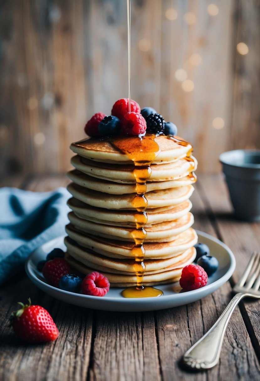 A stack of almond milk pancakes topped with fresh berries and drizzled with maple syrup on a rustic wooden table