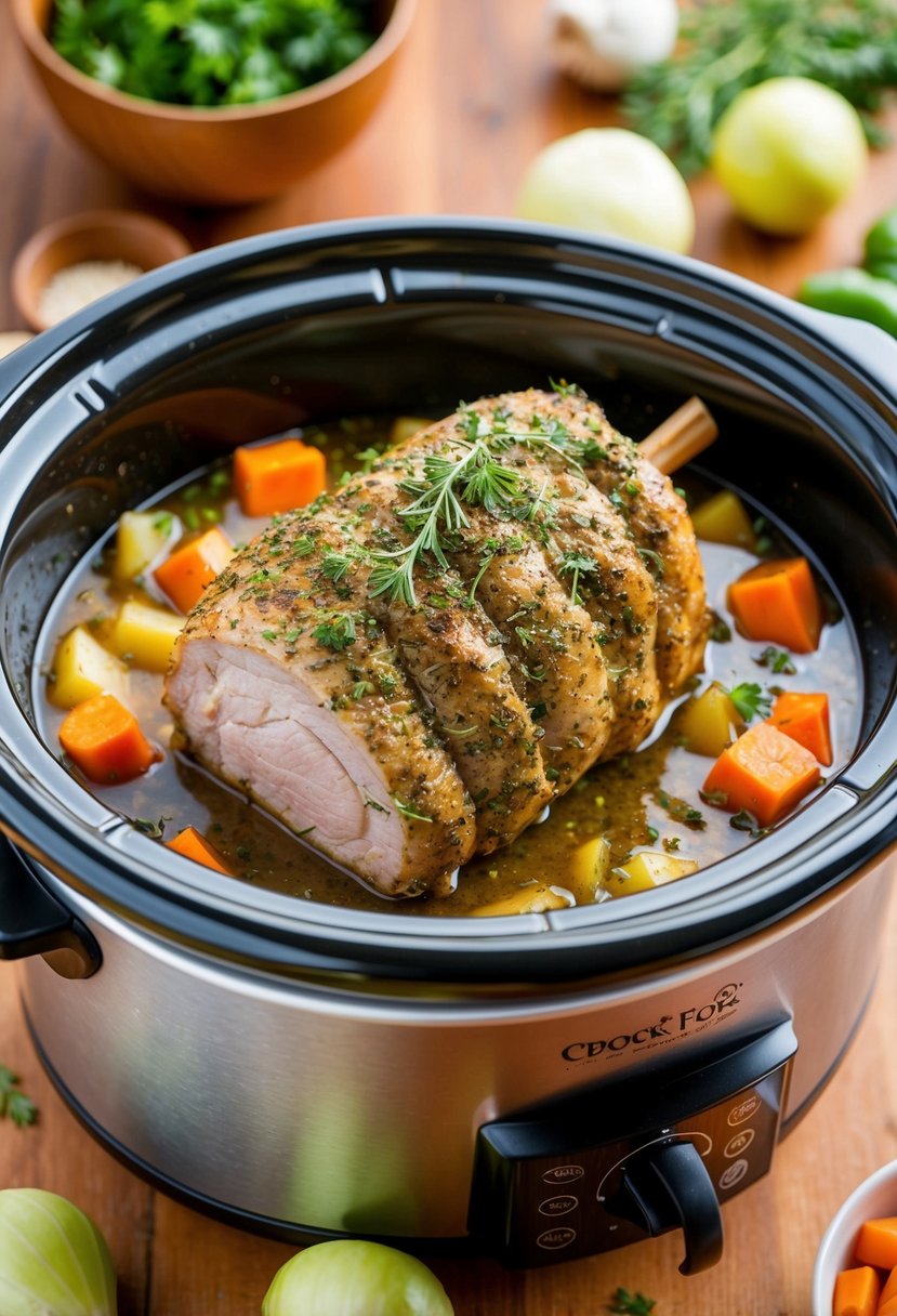 A pork loin stuffed with herbs and spices, placed in a crock pot surrounded by vegetables and cooking liquid