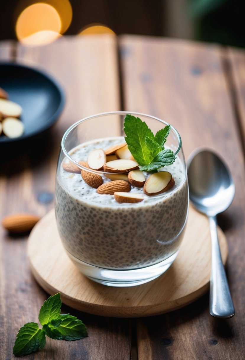 A glass of chilled almond milk chia pudding topped with sliced almonds and a sprig of mint, placed on a wooden table