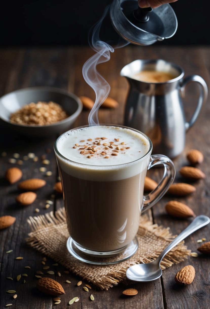 A steaming almond milk latte sits on a rustic wooden table, surrounded by scattered almond milk recipes and a frothing pitcher